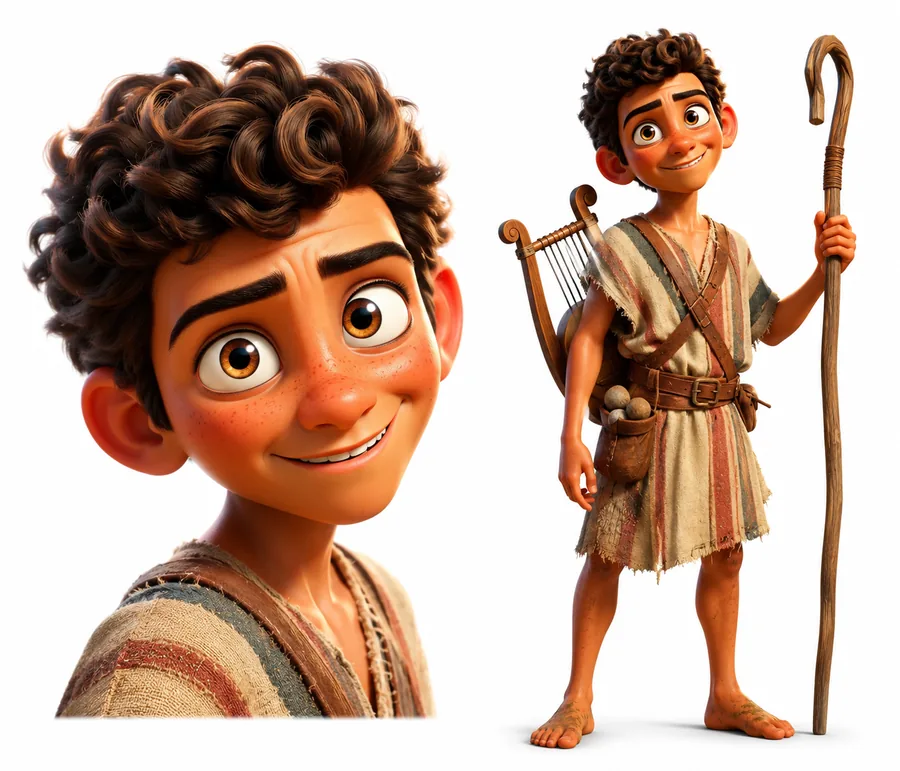 Character model sheet of David as a shepherd boy — head study and full figure