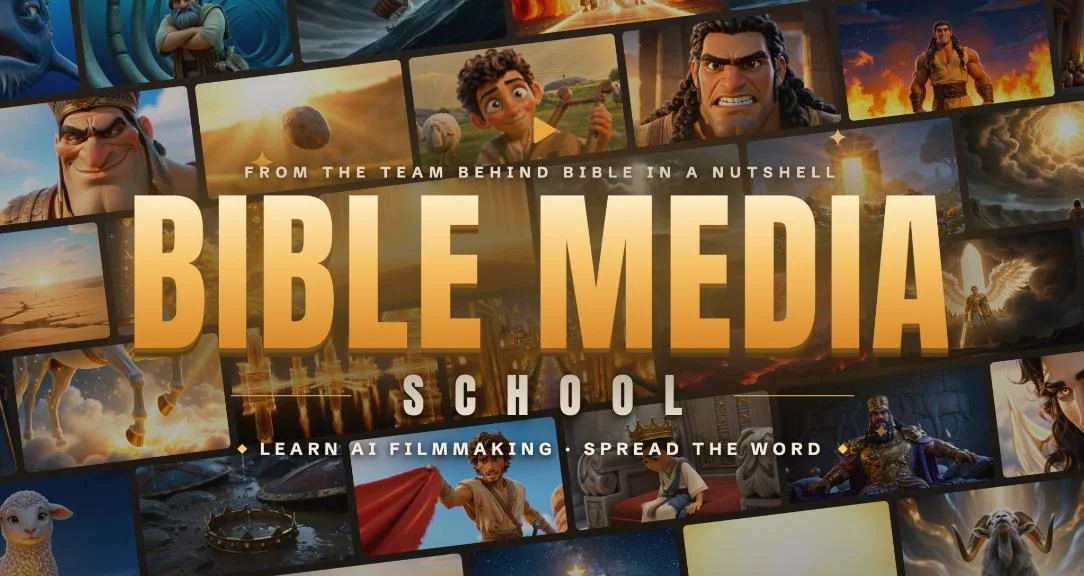 Bible Media School — learn AI filmmaking, spread the Word. A montage of real frames from the films.