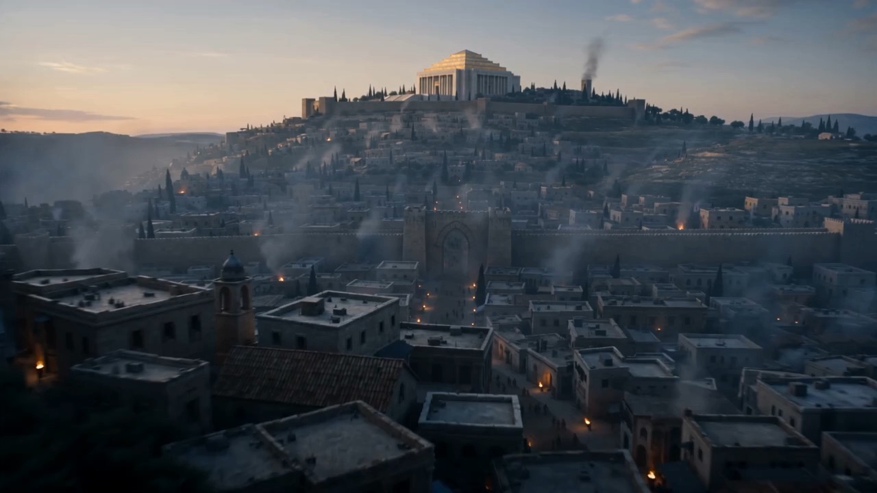 Jerusalem at first light, smoke rising over the rooftops