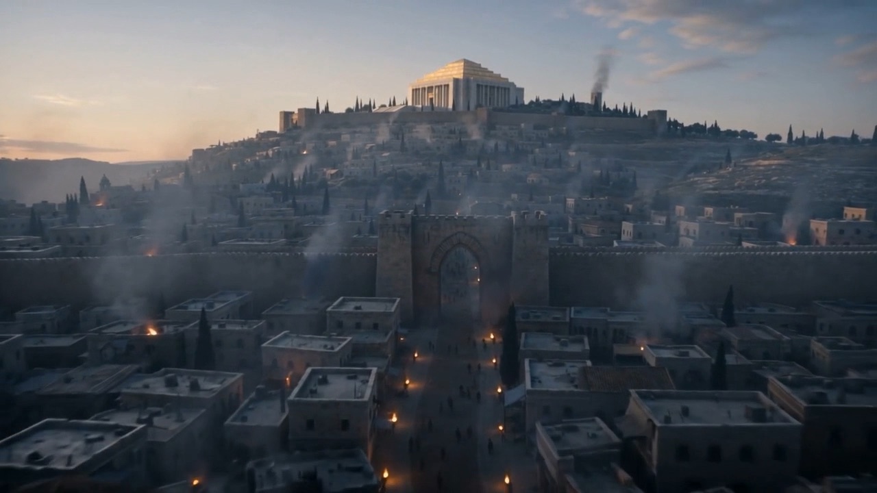 Fires burn along the city walls beneath the temple hill