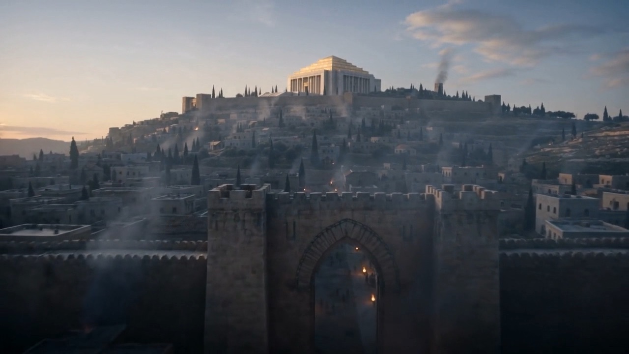 Smoke drifts past the great gate of Jerusalem