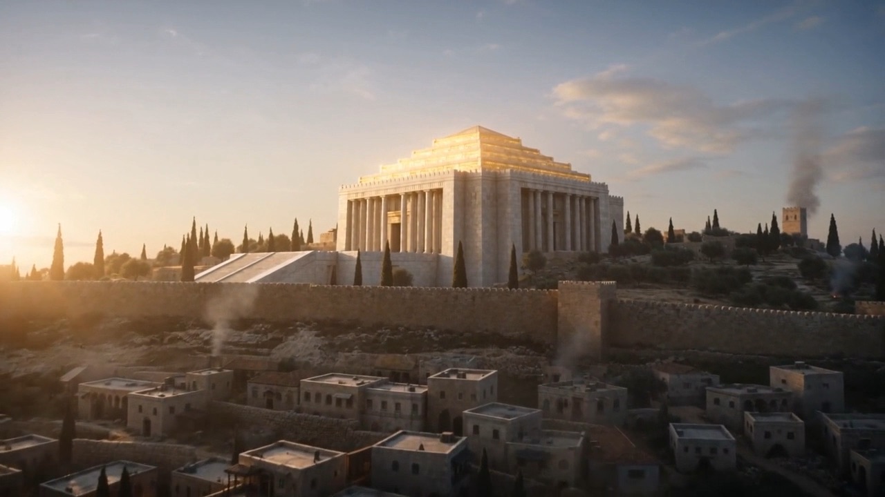 The white temple stands against the drifting smoke