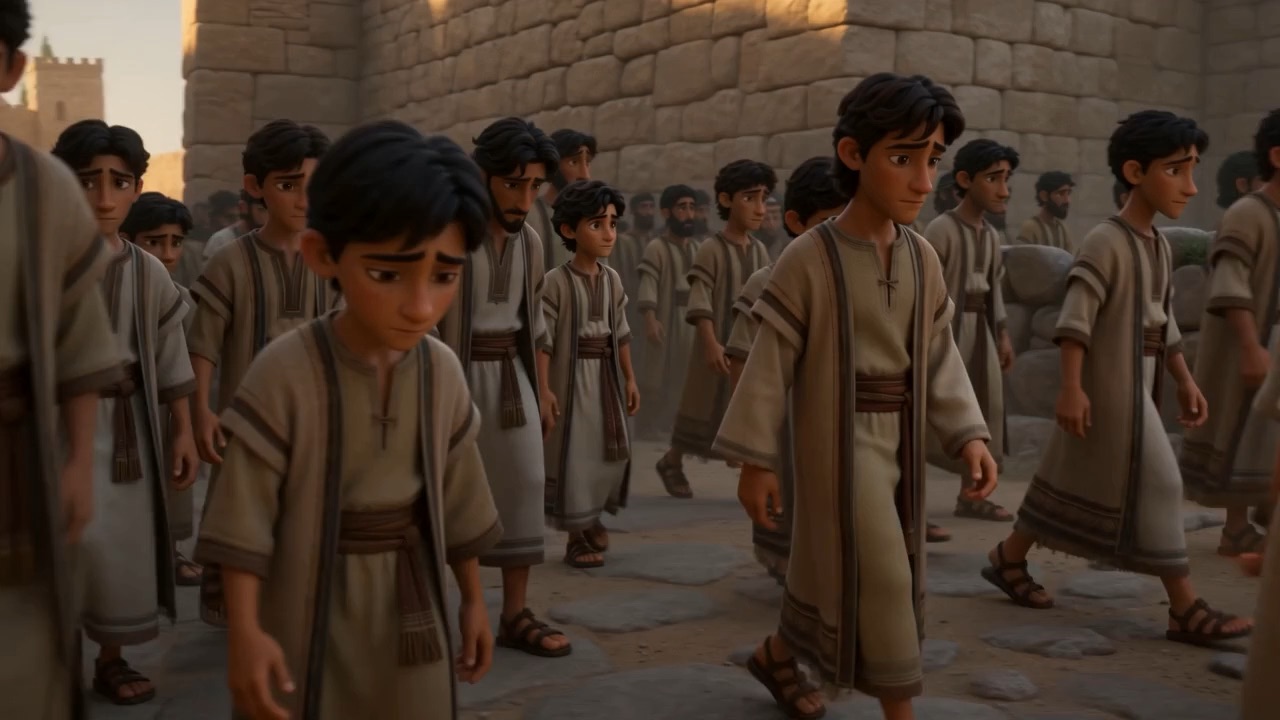 Boys walk in the long line of exiles leaving the city