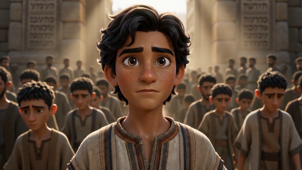Daniel, a freckled boy, walks in the crowd of captives