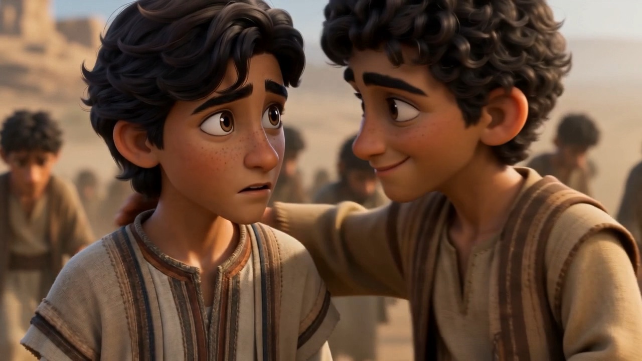 Hananiah offers a piece of his bread to a friend