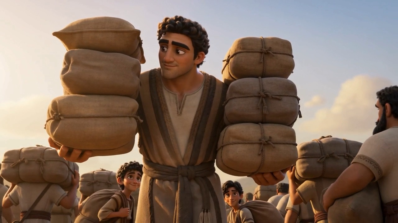 Mishael carries a tower of grain sacks and smiles anyway