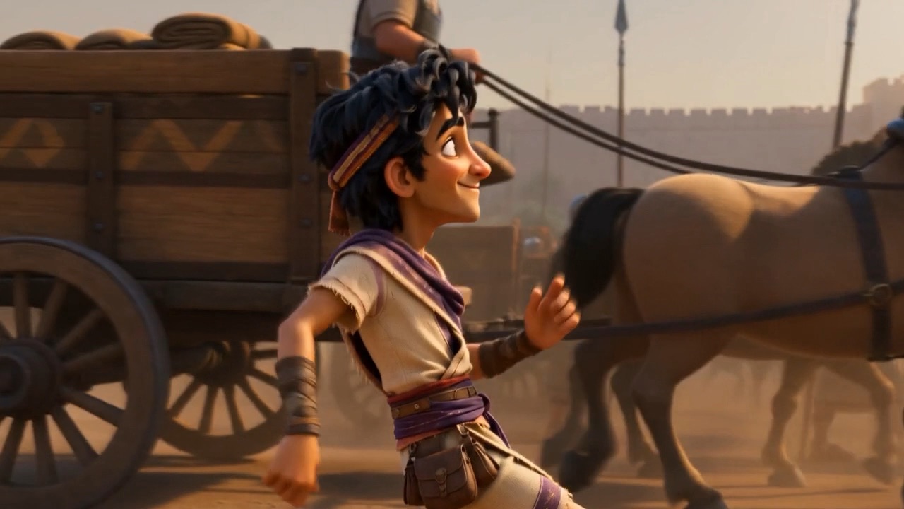 Azariah hauls a cart rope, grinning with effort