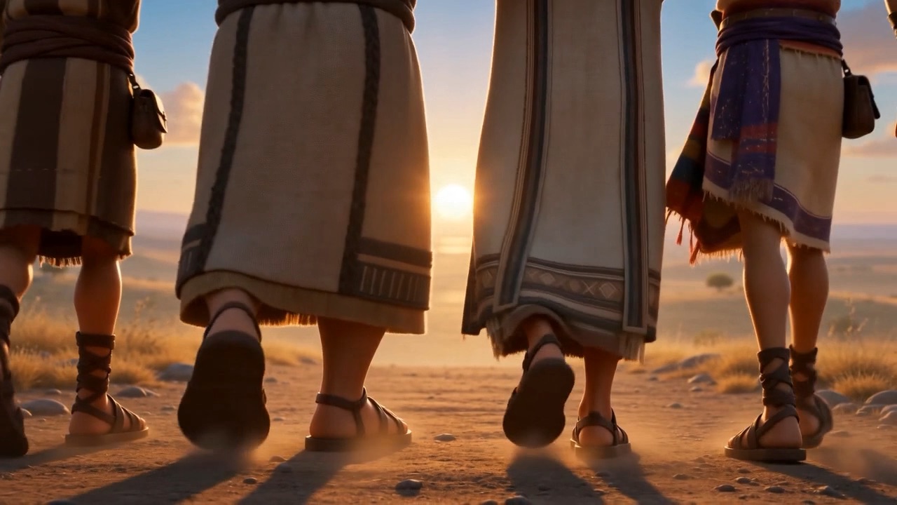 Arm in arm, the four walk away into the low sun