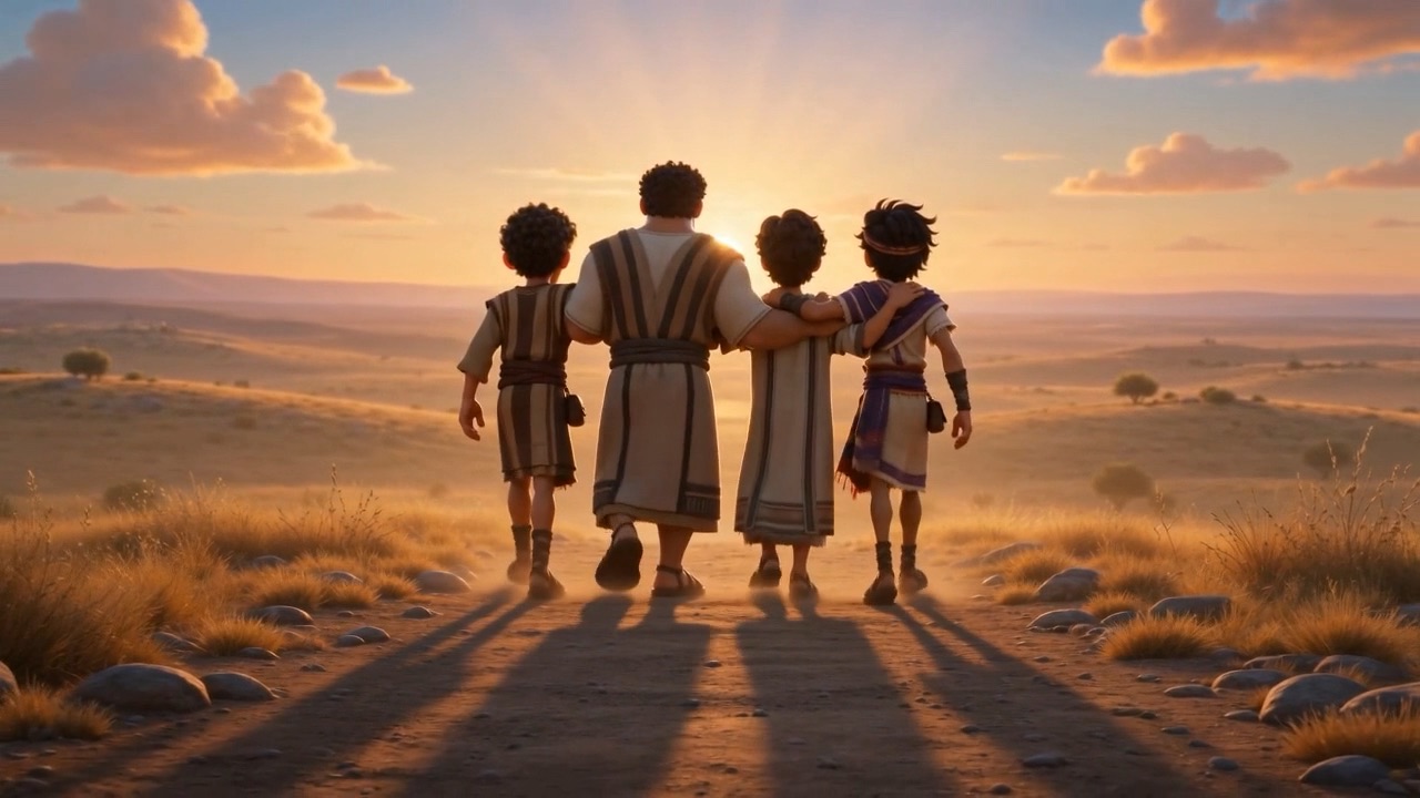 Four silhouettes on the road, shadows long behind them