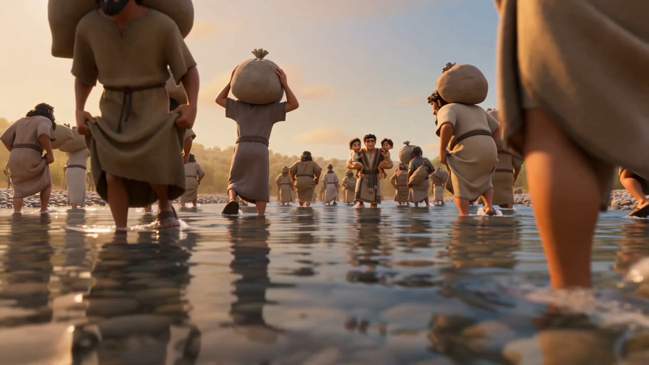 The line of exiles wades a wide, shallow river