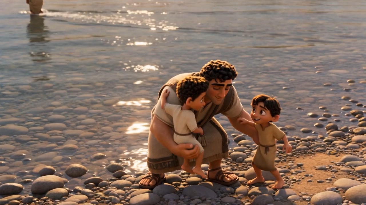 Mishael kneels among the children at the water's edge