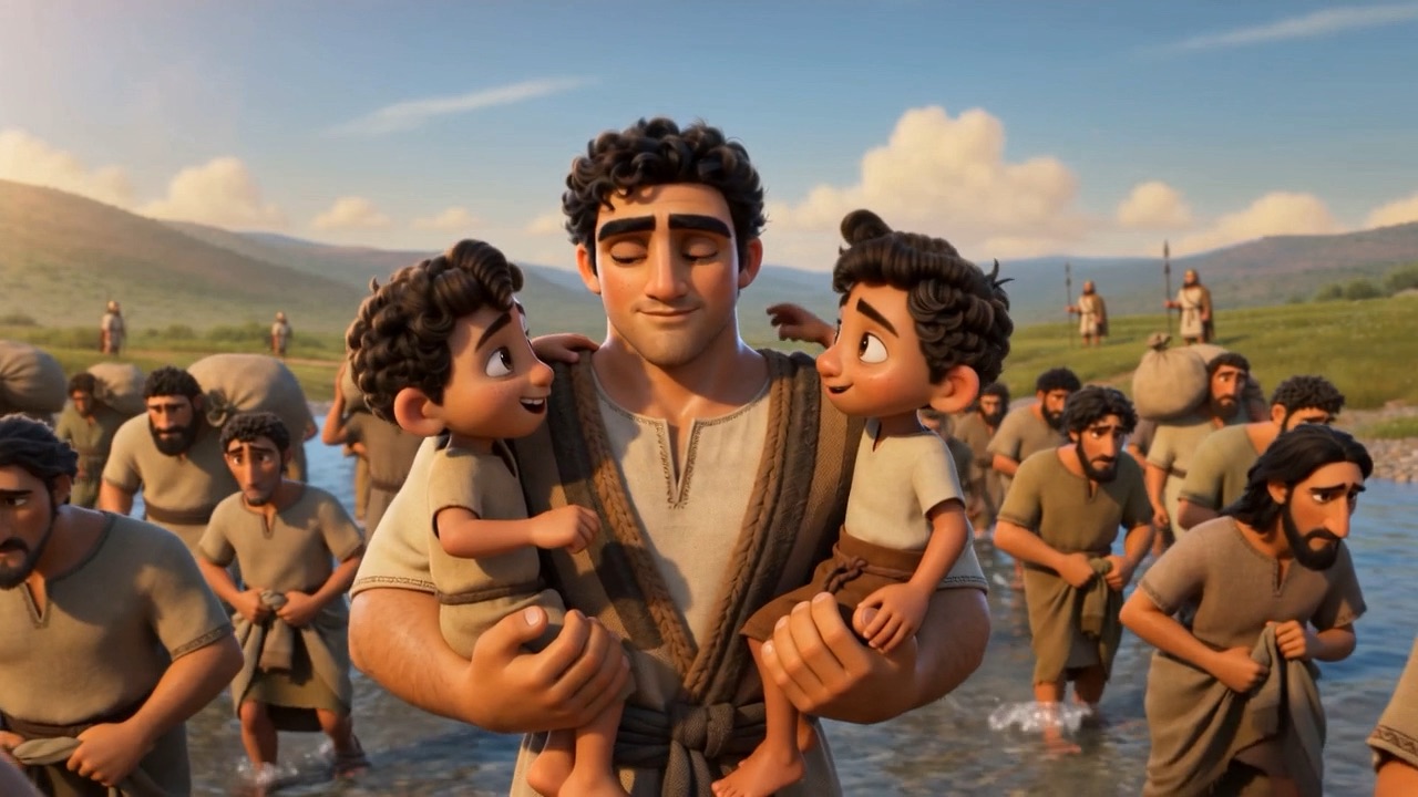 The little boy he carries reaches up and touches his cheek