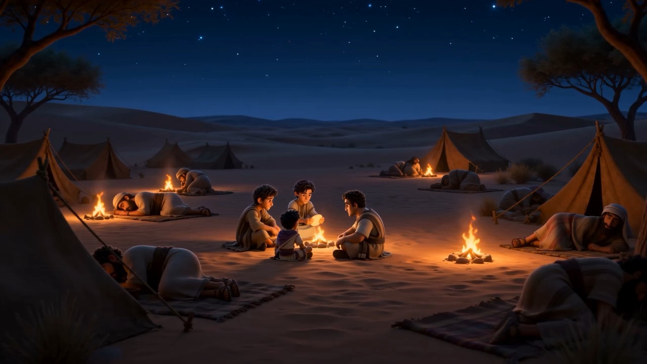 A small campfire glows in the dark desert camp