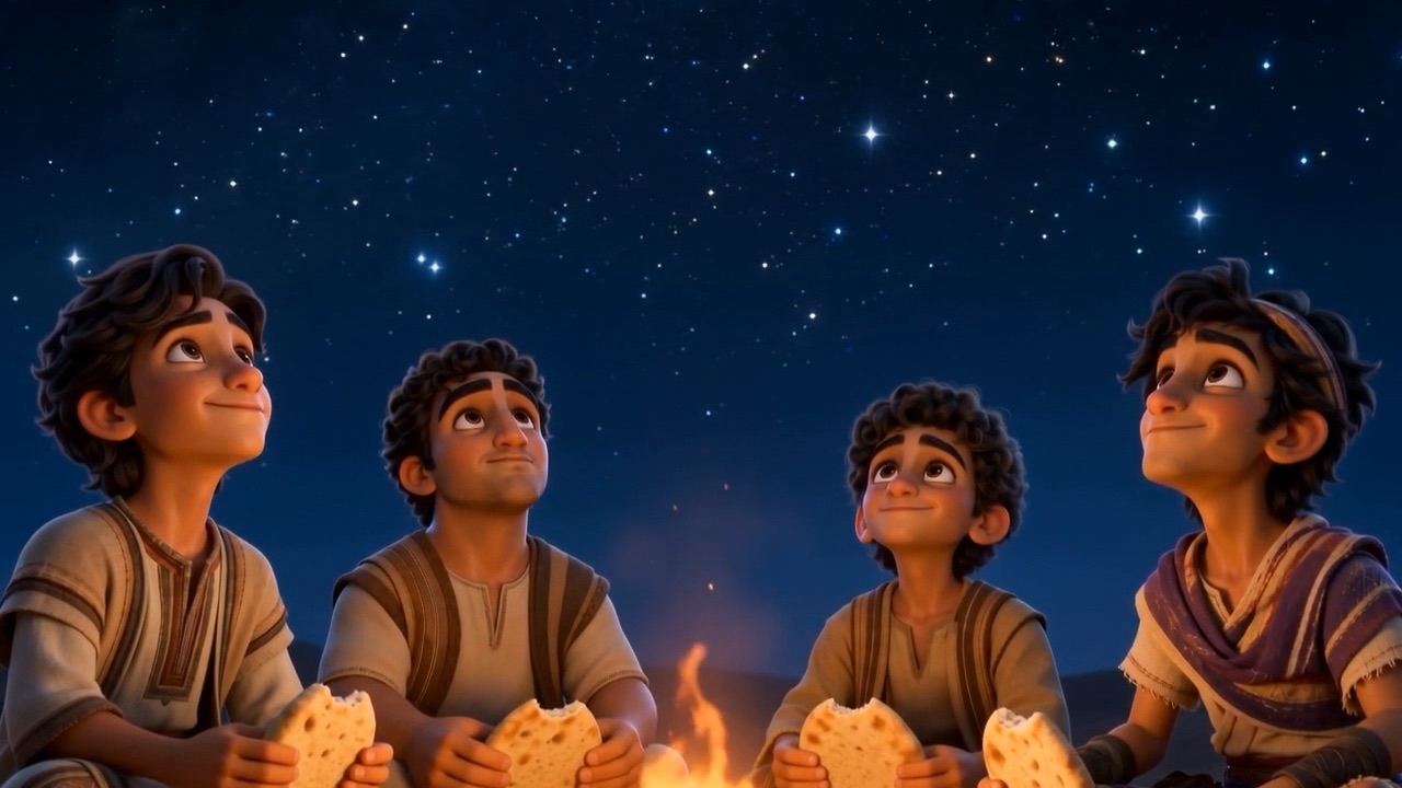 They chew slowly and look up from the fire