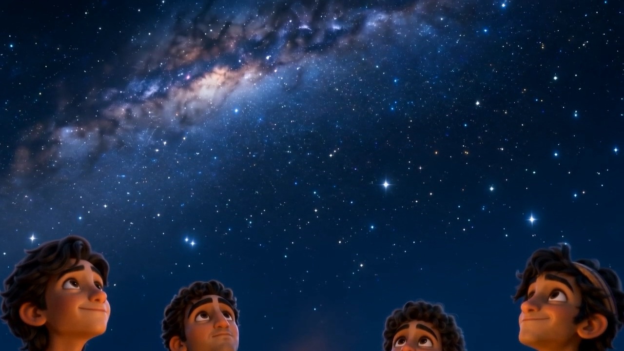 The Milky Way arches over the four small figures