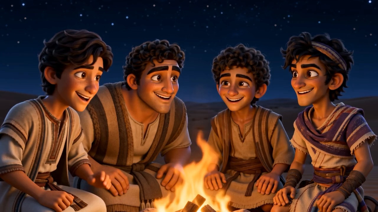 The four laugh together in the firelight