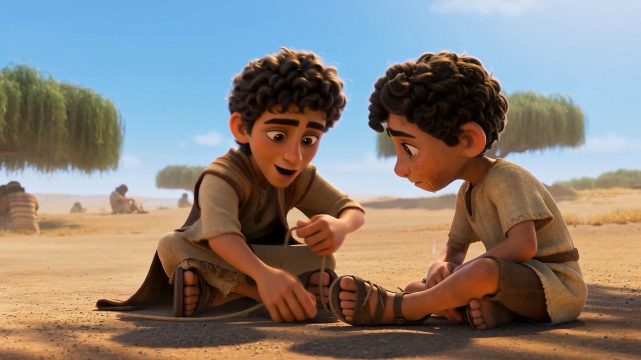 At a rest stop, one boy ties another's broken sandal