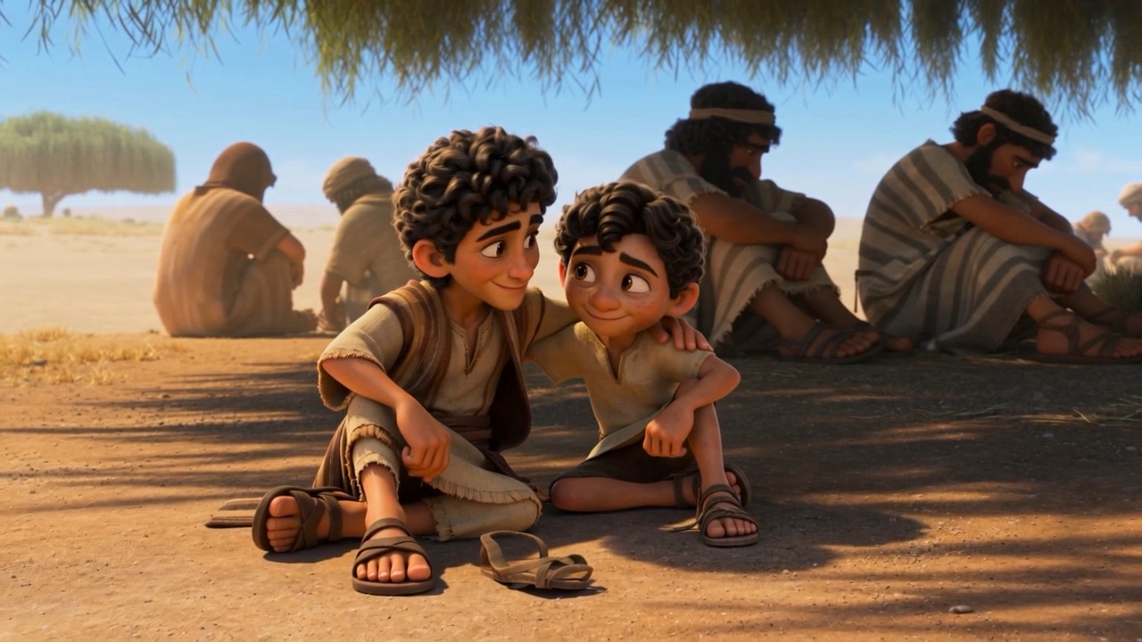 The two sit together, an arm over a shoulder