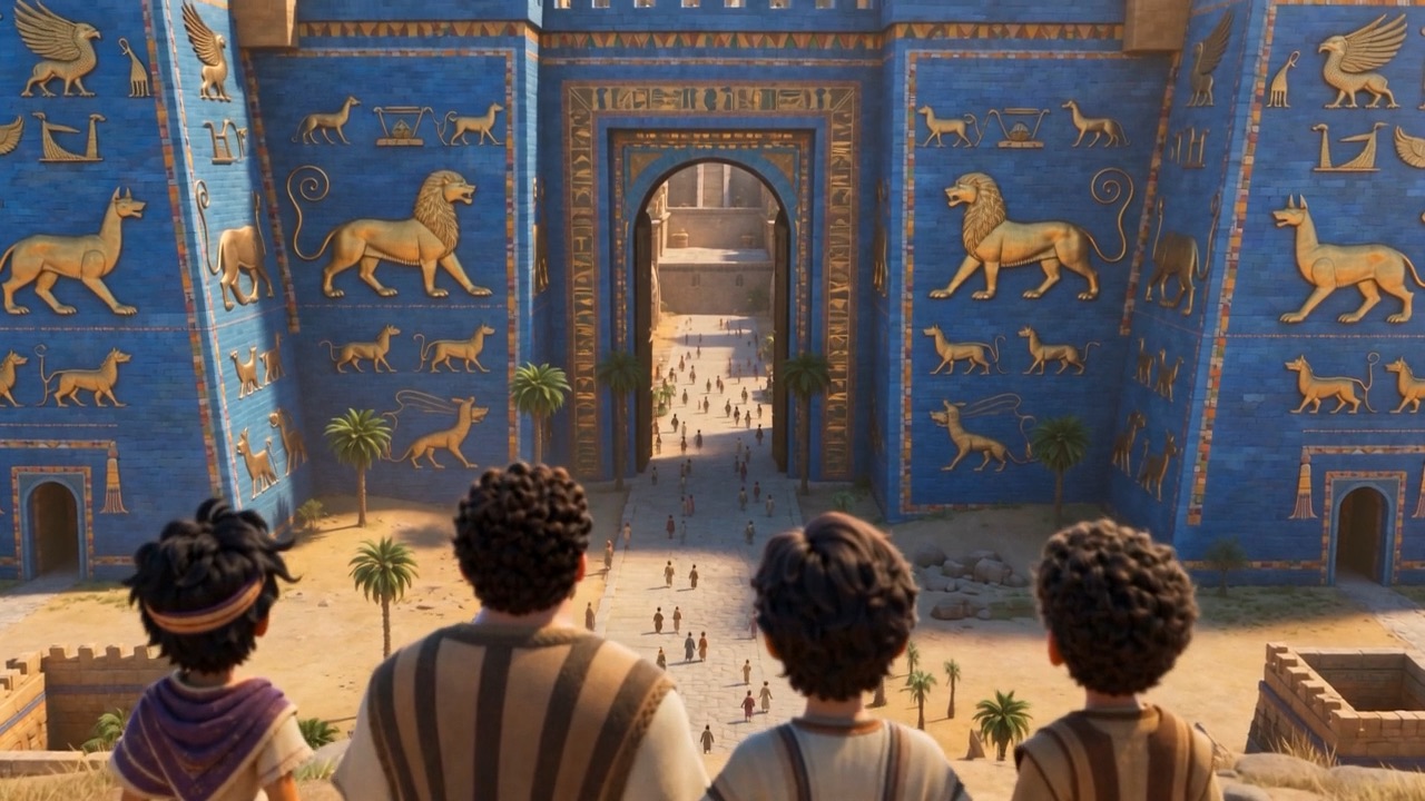 Babylon — blue walls and golden lions to the edge of sight