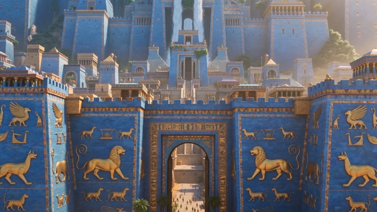 The blue city rises tier on tier above the plain