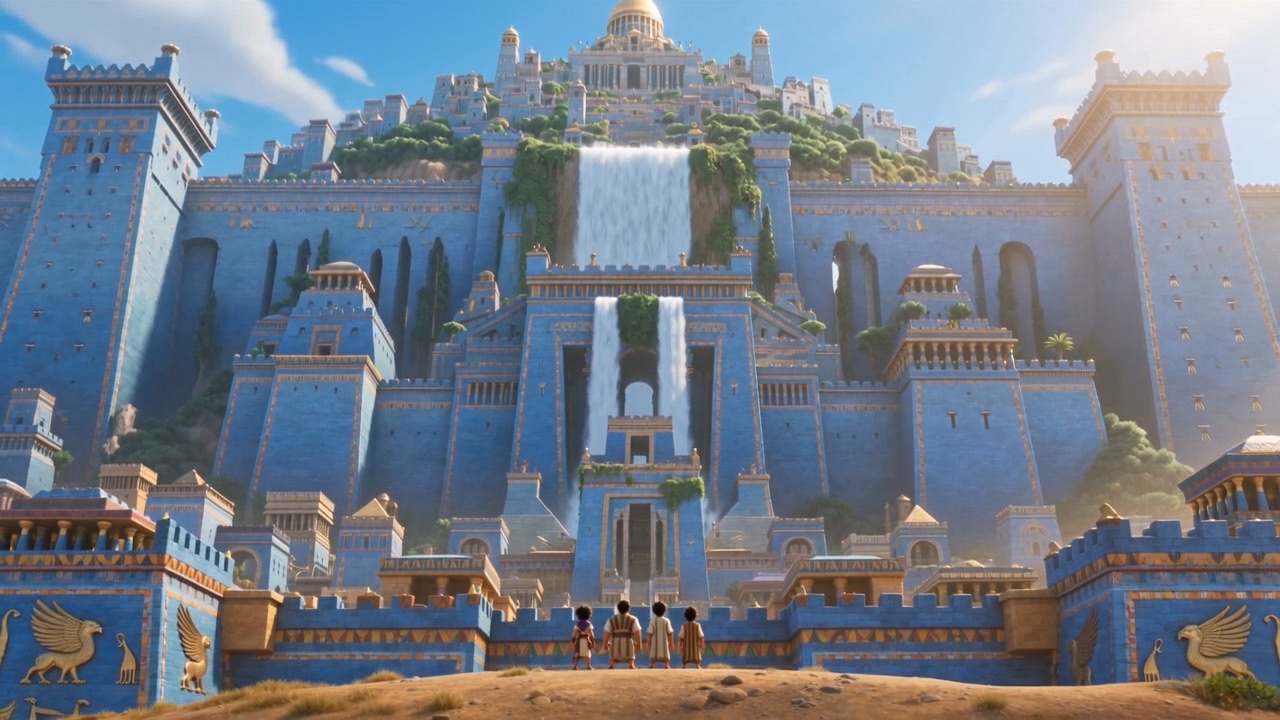 A white palace pours waterfalls from its hanging gardens
