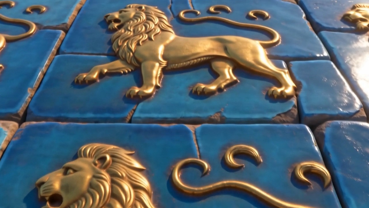 Up close, a golden lion strides across the glazed blue tile
