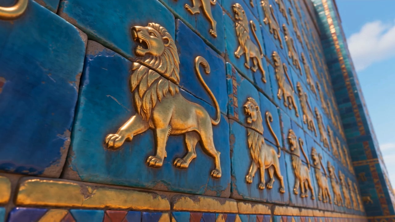 Ranks of golden lions climb the tiled wall