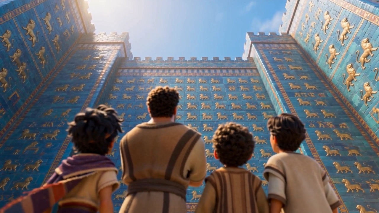 From behind the boys, the blue wall fills the whole sky