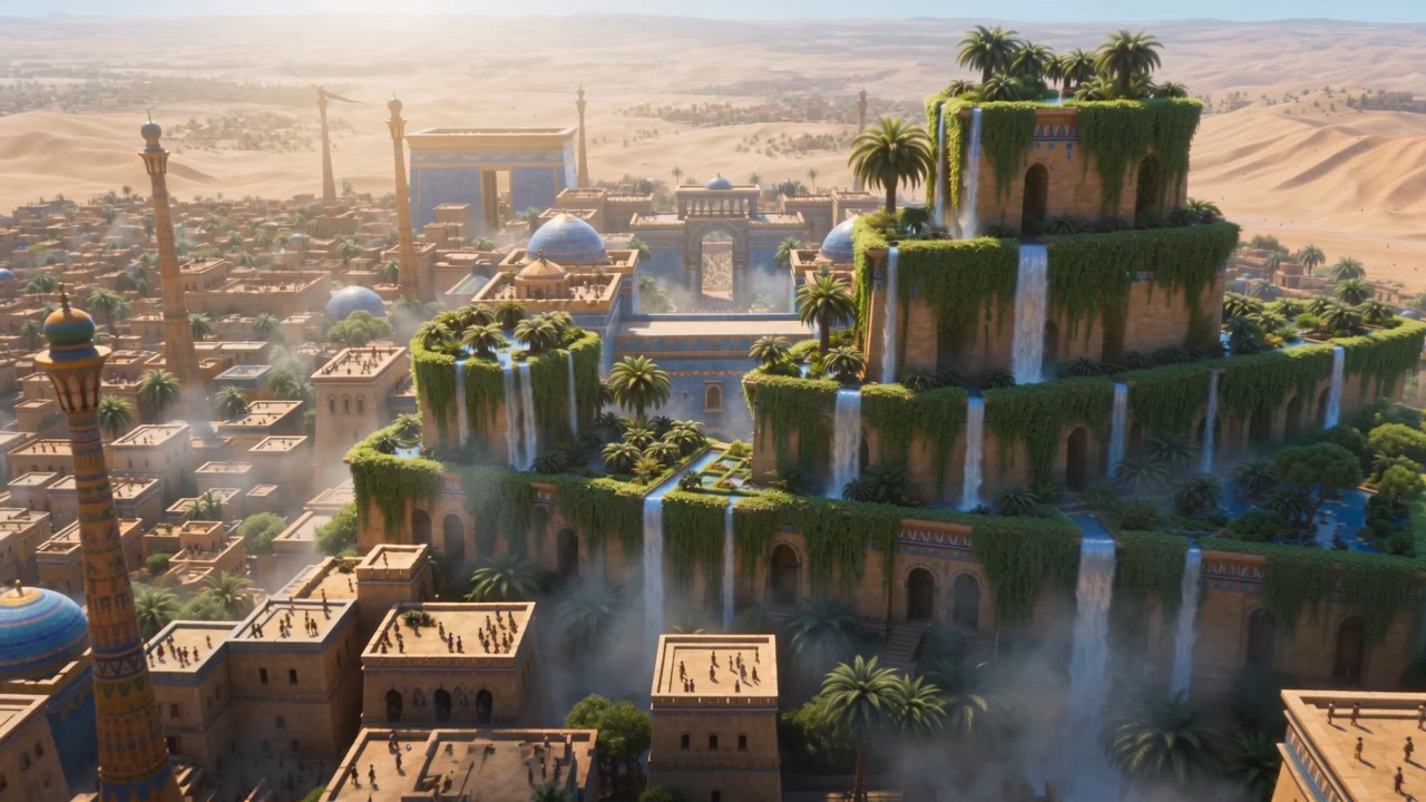 Hanging gardens spill green terraces and waterfalls over the city