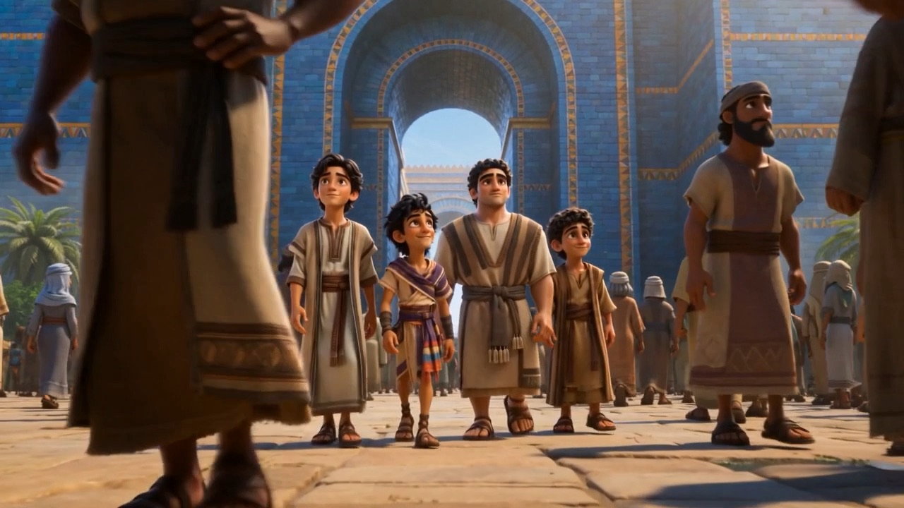 The boys are led toward the towering blue arch