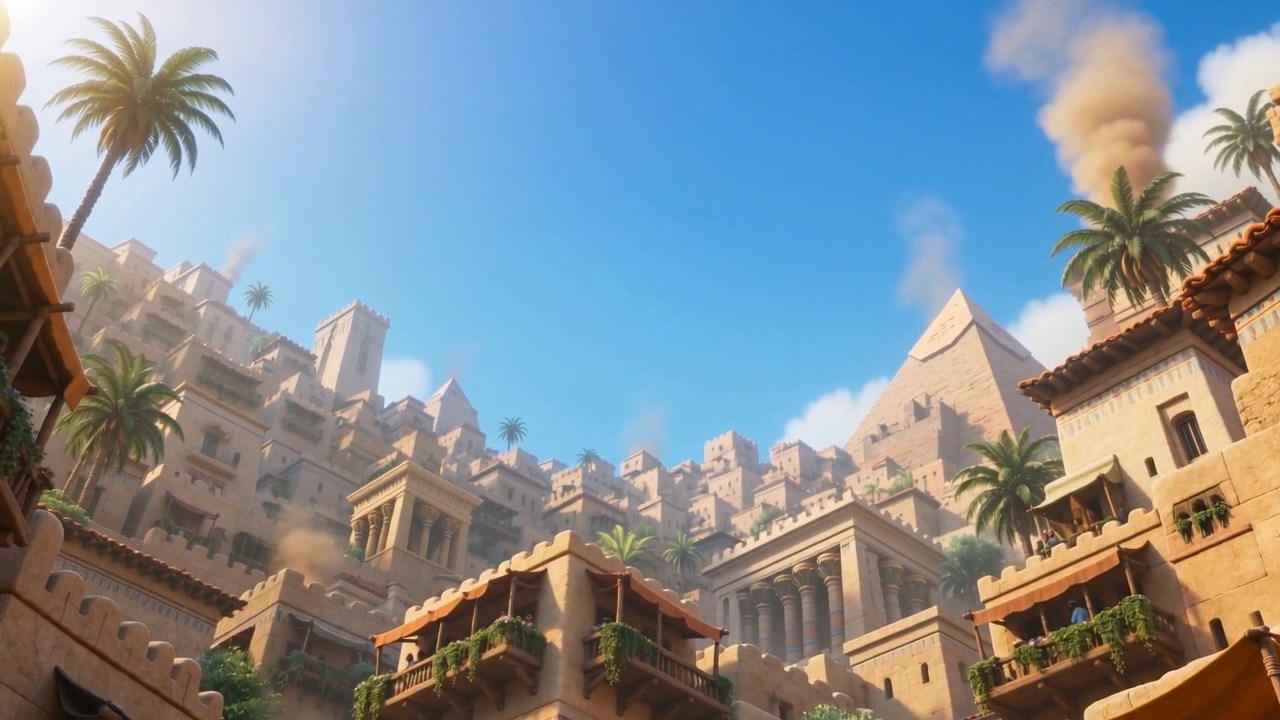 Sunlight pours down the garden-hung streets