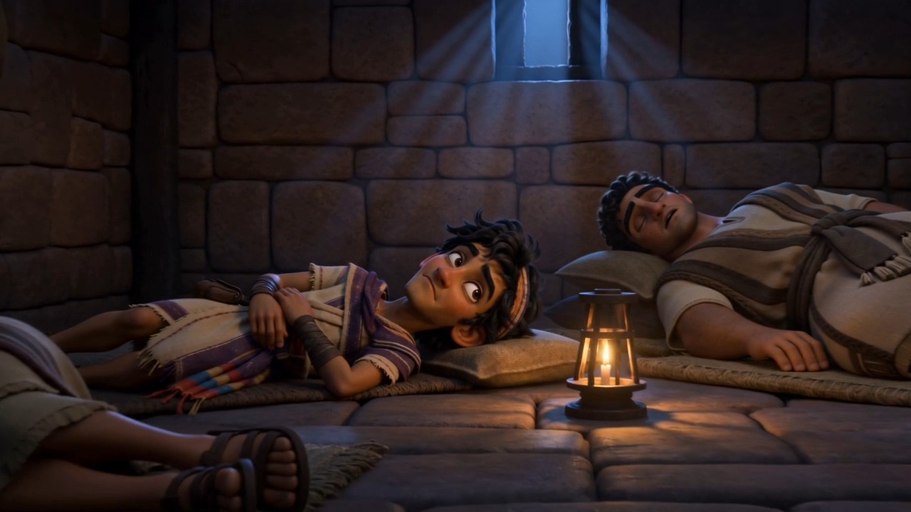 A dark dormitory, rows of sleeping boys and one low lantern