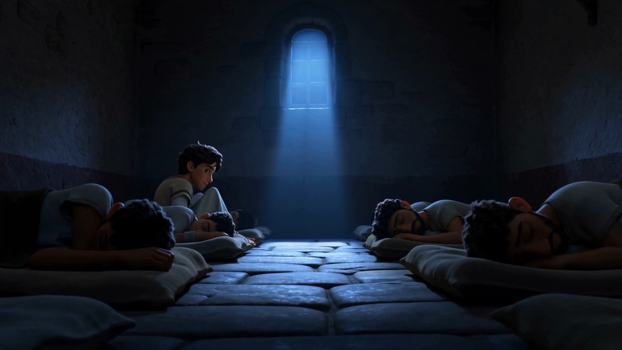 Moonlight falls in shafts across the sleeping room