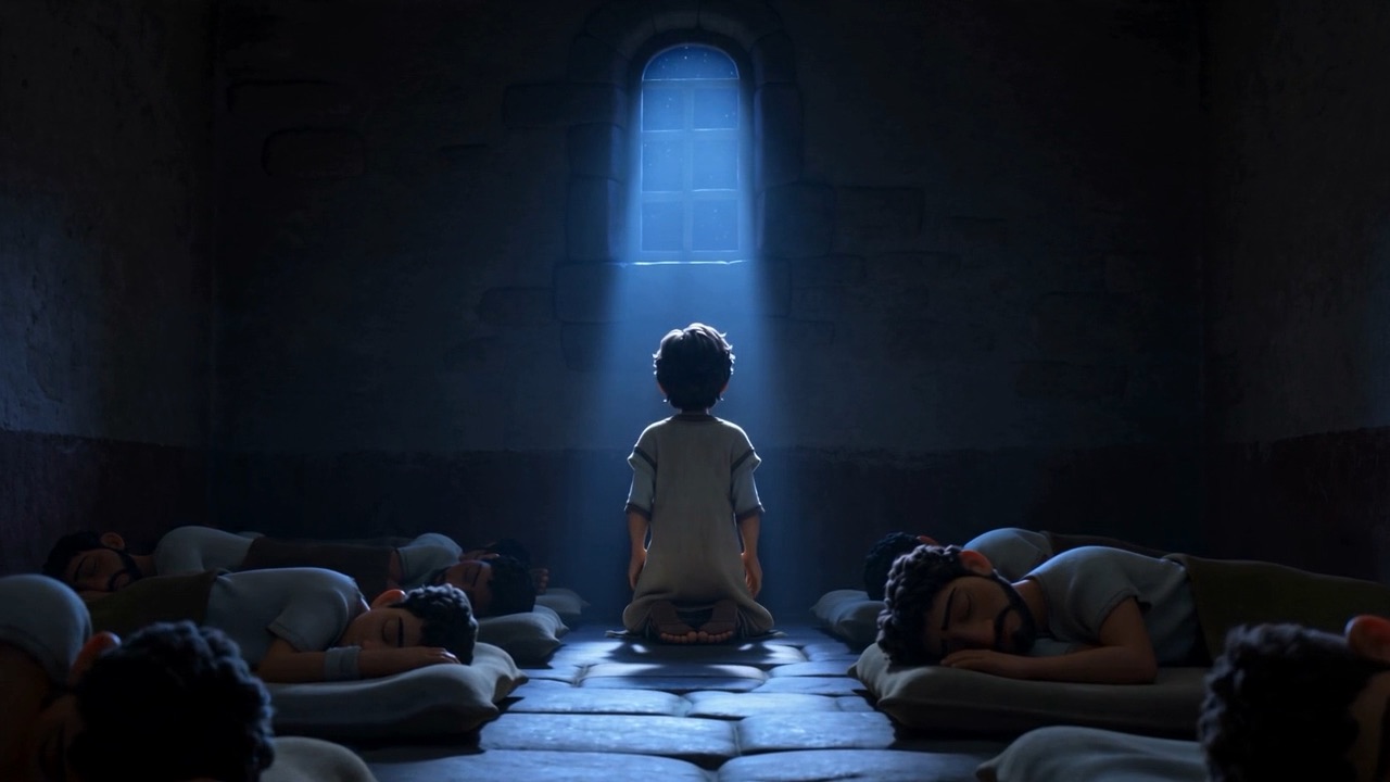 He stands on his mat among the sleepers, facing the moonlit window