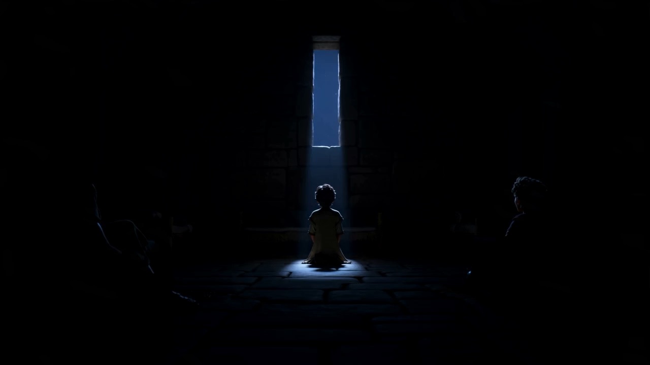 A lone silhouette kneels in the window's shaft of light