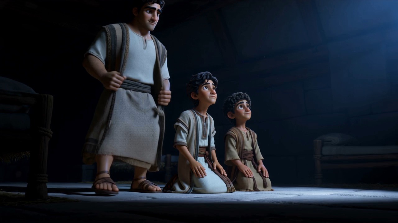 Three kneel together as another stands to join