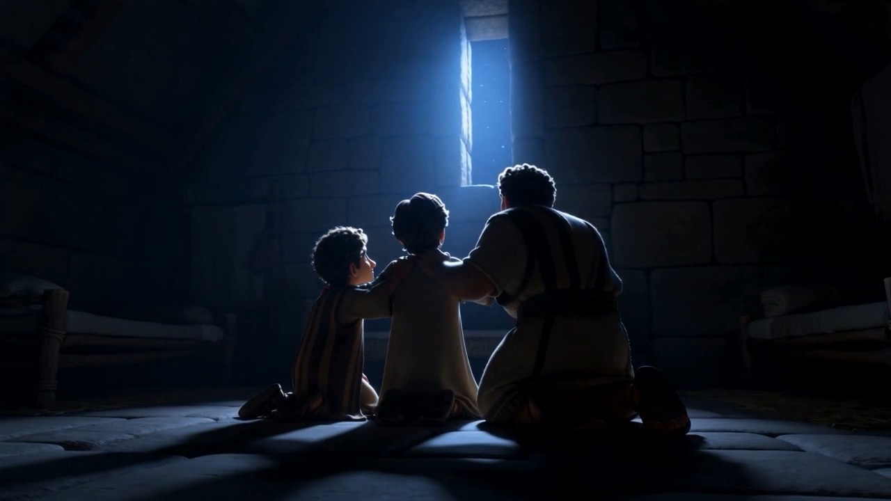 All four kneel in the pale light together