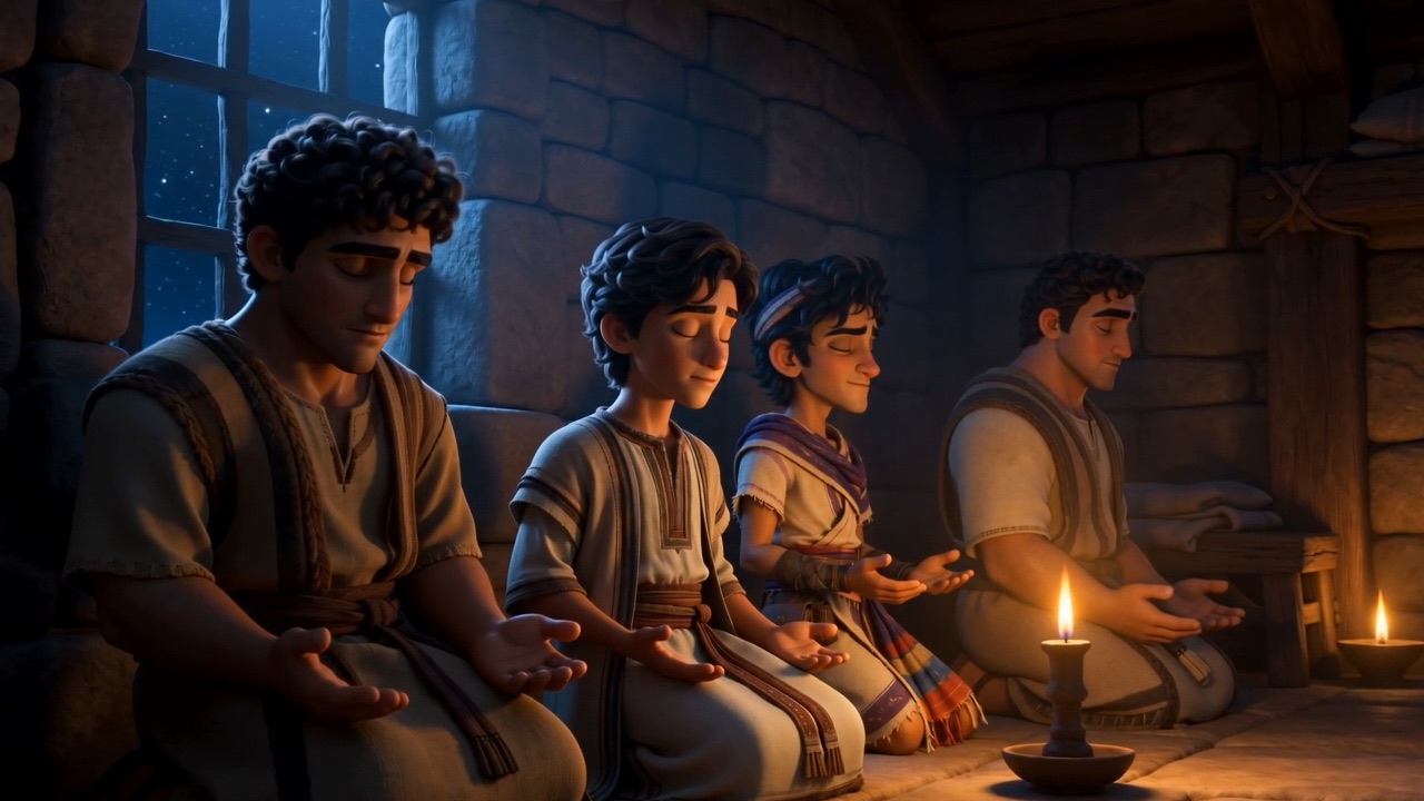 The four pray by candlelight, faces at peace