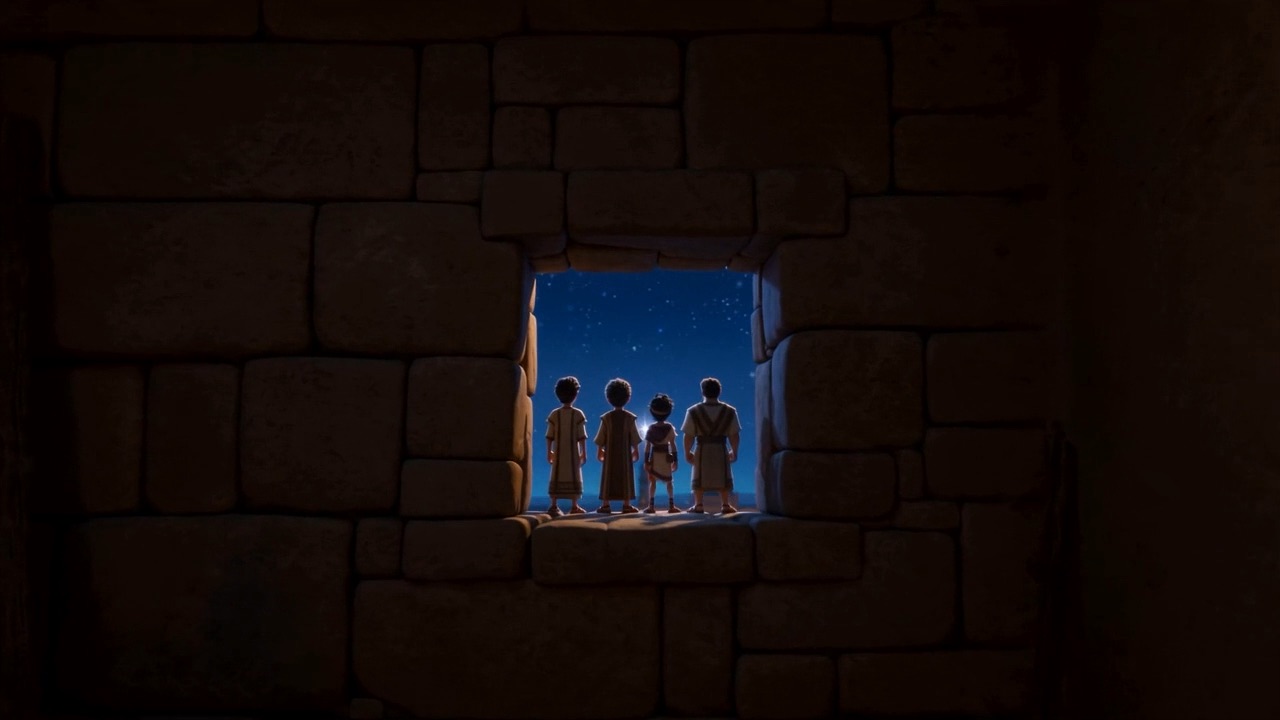 Four silhouettes stand at the little window, looking out