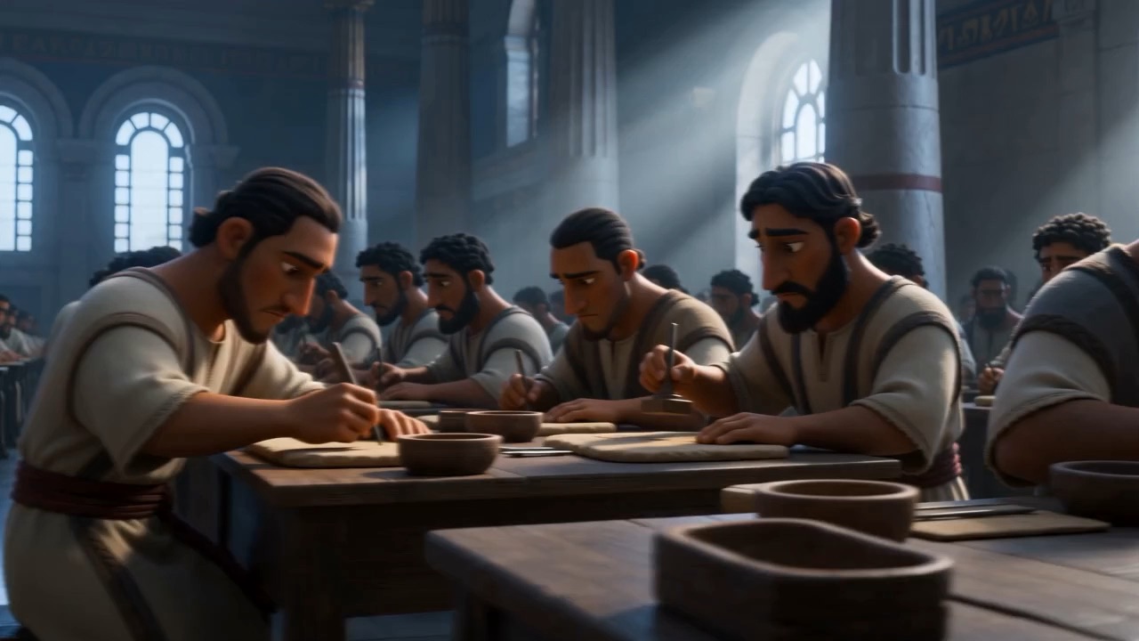 Scribes press styluses into wet clay tablets