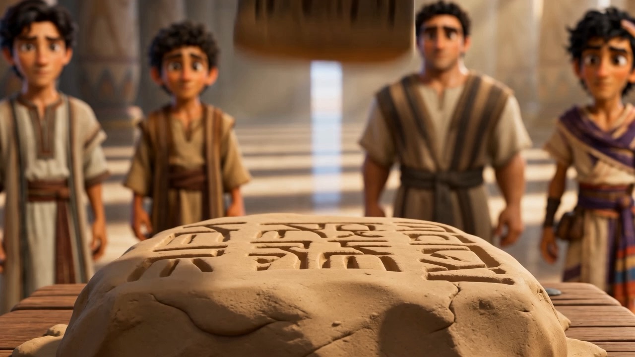 A stamp presses cuneiform into the clay