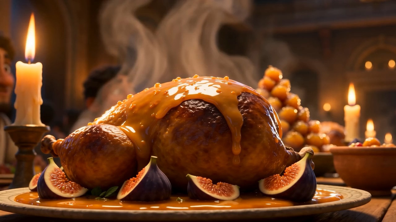 A steaming roast glazed with honey, figs piled beside it