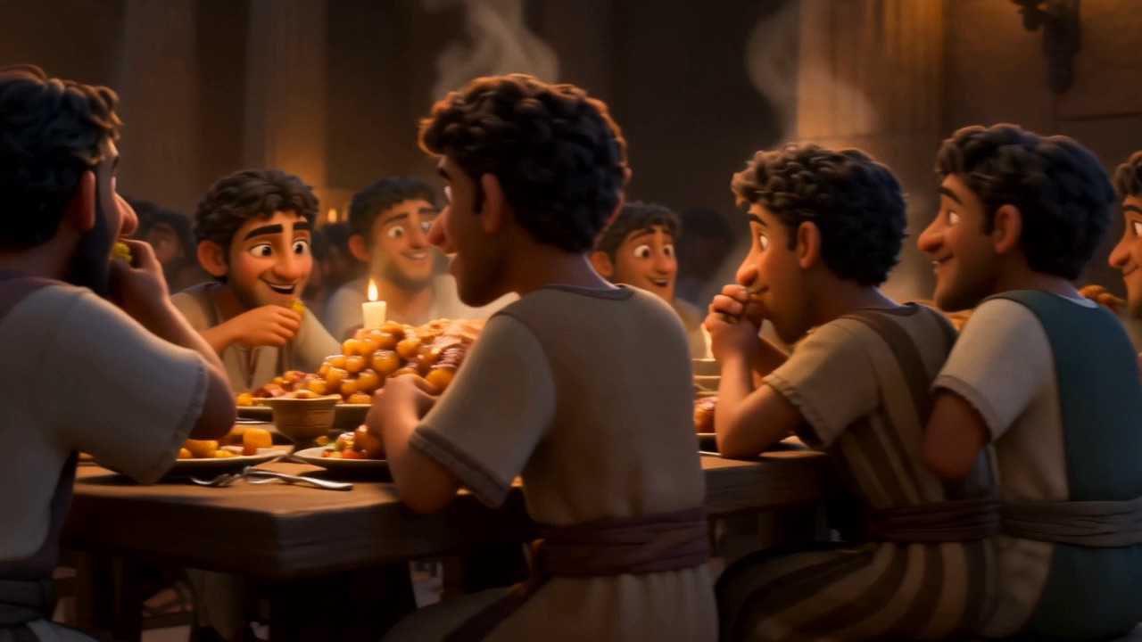 Around the hall, boys dig into the king's feast