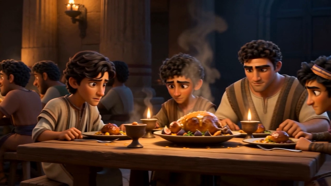 The four sit before the feast, not eating