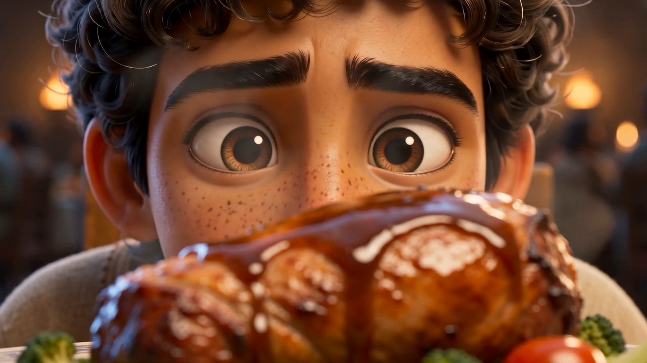 Daniel's eyes peer over the rim of the glistening roast