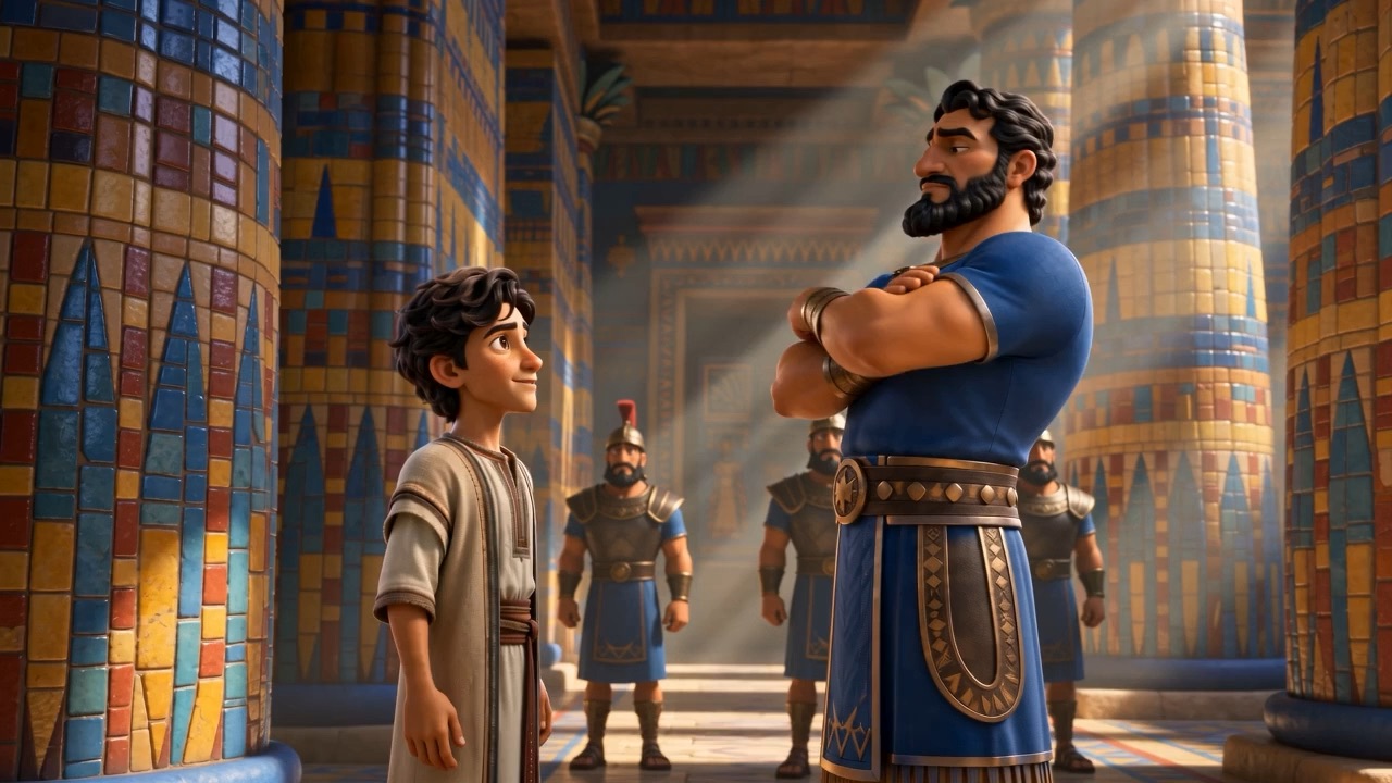 Daniel makes his case to the big steward among the tiled columns