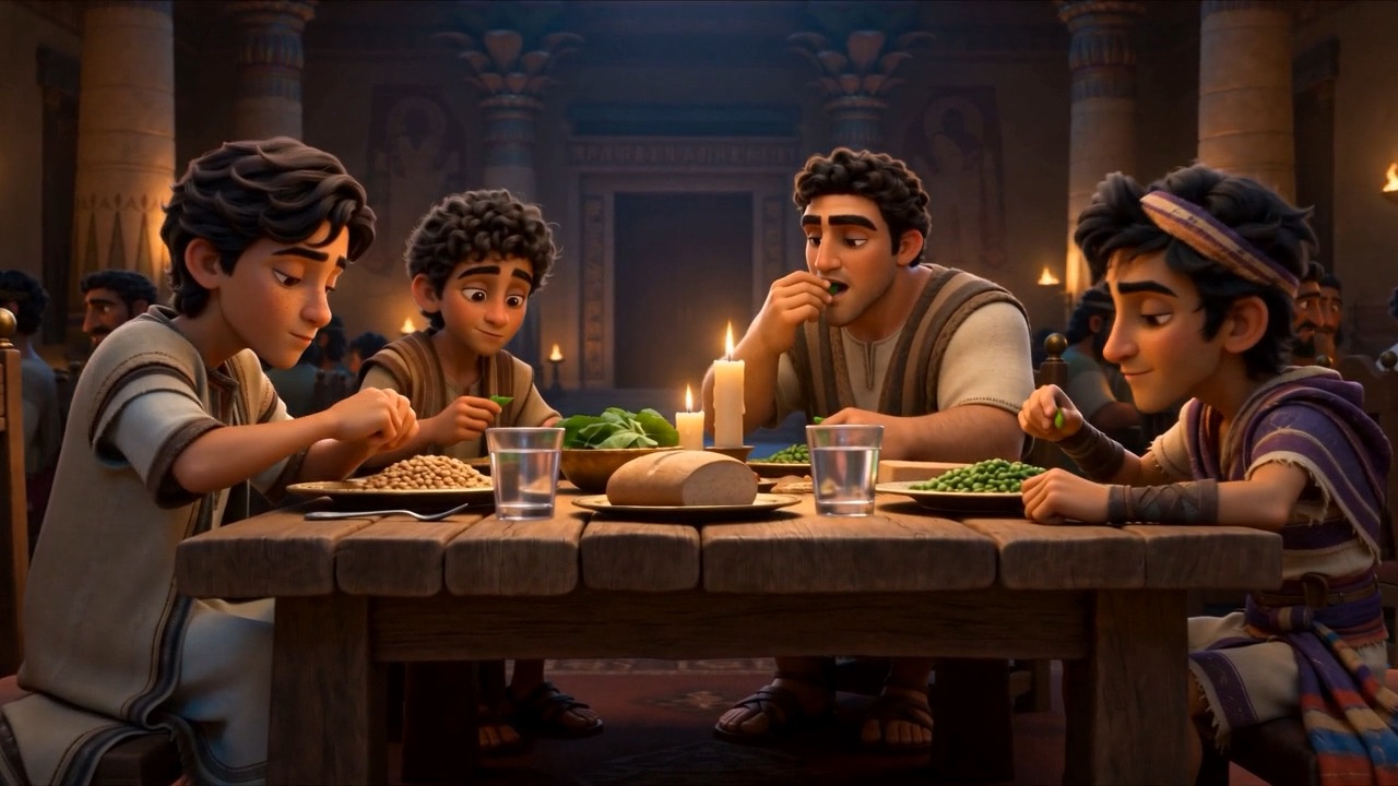 The four eat greens and bread while the hall feasts around them