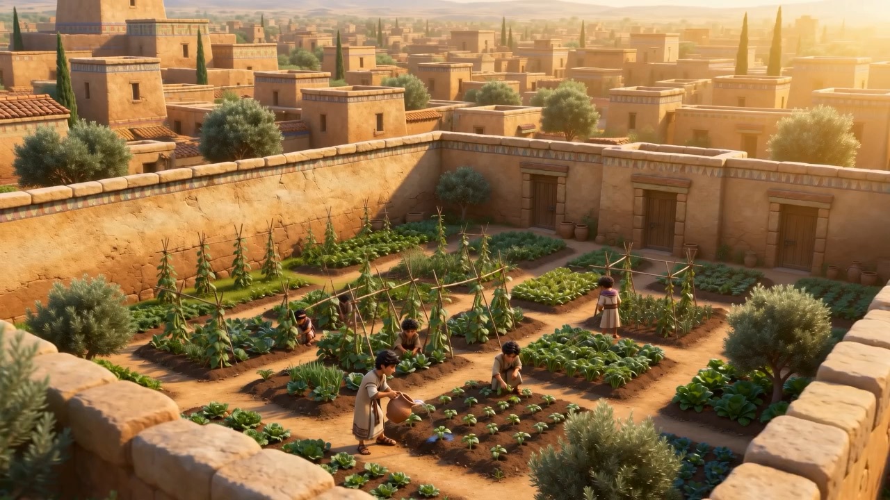 A walled courtyard garden, beds laid out in neat rows