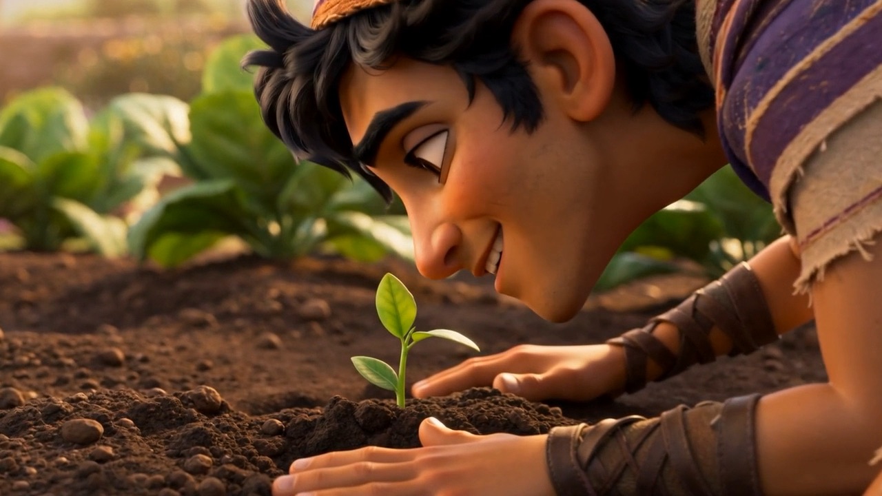 Azariah, nose to the dirt, encourages a tiny seedling