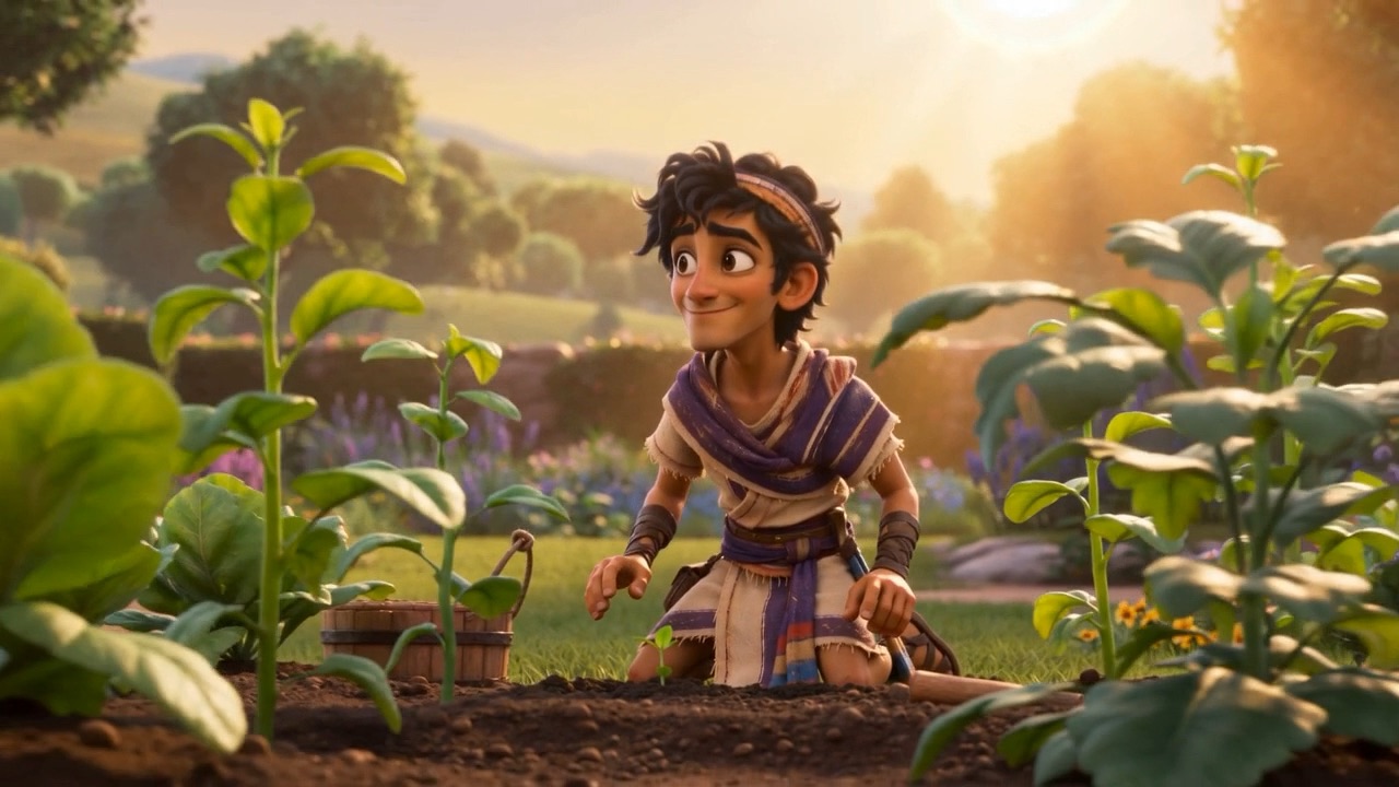 He kneels proudly beside his two-leaf kingdom